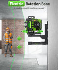 Effortlessly align rooms with this 4D 360° self leveling laser level featuring a motorized base, Bluetooth app control, four bright green 360° lines, and a large LCD display for fast, precise layout on walls, ceilings, and floors, shown mounted on a wall.