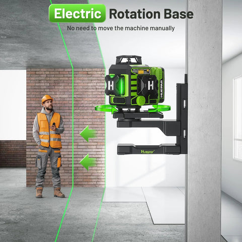 Effortlessly align rooms with this 4D 360° self leveling laser level featuring a motorized base, Bluetooth app control, four bright green 360° lines, and a large LCD display for fast, precise layout on walls, ceilings, and floors, shown mounted on a wall.