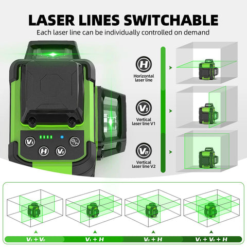 Achieve precise indoor and outdoor alignment with a 360° self-leveling laser level kit, three 360 beams, control panel visible.