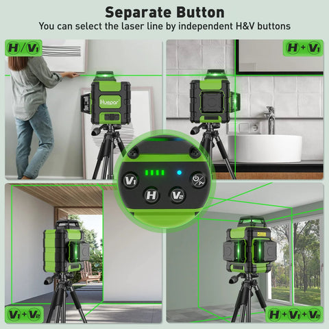 360 Degree Self Leveling Green Laser Level With Triple 360 Degree Cross Lines For Precise Room Layouts And Picture Hanging Rechargeable 4000mAh USB C Battery Magnetic Bracket And Hard Carry Case HM03CG in various setup scenarios including room layout and picture hanging.