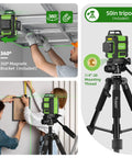 Achieve precise indoor and outdoor alignment with a 360° self-leveling laser level kit, featuring three 360 beams, a tall 50 inch tripod