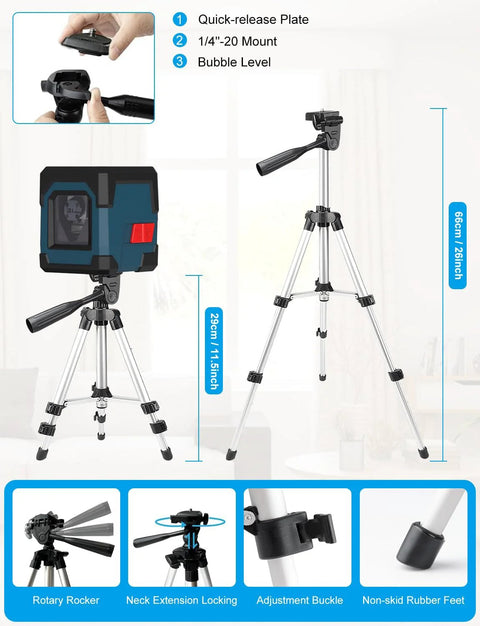 360 Degree Cross Line Laser With Self Leveling Delivers Bright Horizontal And Vertical Lines shown with tripod and accessories