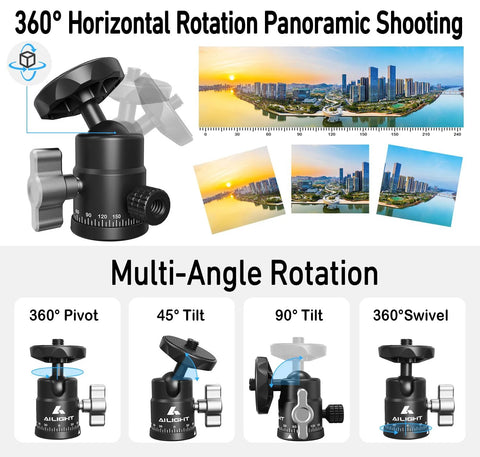 Infographic showing Two Pack Mini Ball Heads With 360 Degree Pan And 135 Degree Tilt Locking Knob and multi-angle rotation features.