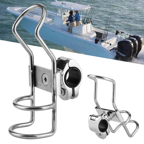 Stainless steel fishing rod rack with 360° adjustable rail clamp and locking mechanism; marine-grade 316