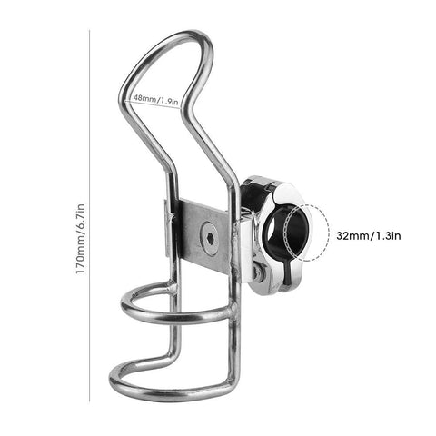 Side view of stainless steel fishing rod holder with 360-degree rail-mount clamp and locking mechanism.