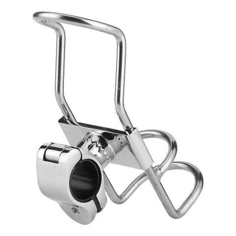 Stainless steel fishing rod holder clamp with 360-degree adjustable rail mount for boats/kayaks.