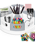 Front view of 360 Degree Rotating Desk Organizer With Nine Deep Bins And A 12 Inch Lazy Susan Turntable holding office supplies