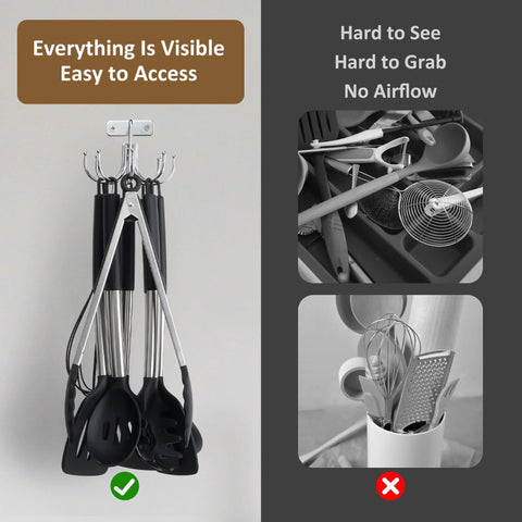 Kitchen Cooking Utensil Holder, 360° Rotating Kitchen Hooks for Hanging Utensils, Heavy Duty Metal Rack with 8 Storage Capacity