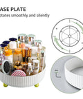 360 Degree Rotating Makeup And Perfume Organizer with Lazy Susan Display Tray, filled with cosmetics and jewelry, clear lids, base detail shown
