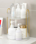 360 Degree Rotating Makeup Organizer and Storage for Vanity and Countertop, two-tier design in clear white with cosmetics displayed.