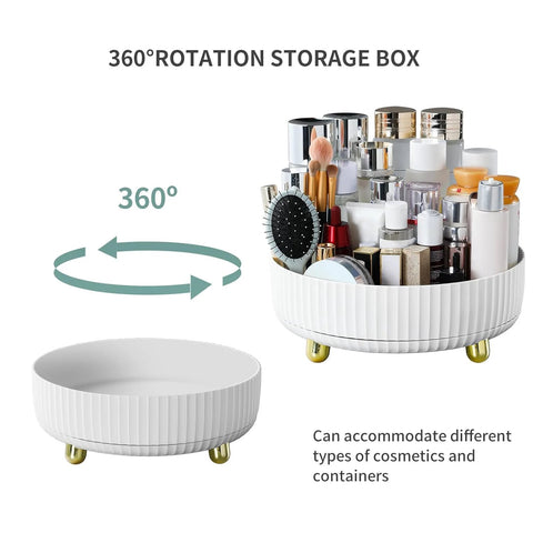 360 Degree Rotating Makeup And Perfume Organizer With Lazy Susan Display Tray holding cosmetics and jewelry on vanity table.