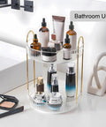 360 Degree Rotating Makeup Organizer and Storage for Vanity and Countertop High Capacity Cosmetic Skincare and Perfume Organizer with Two Tiers in Clear White Lazy Susan for Dresser displayed with makeup items