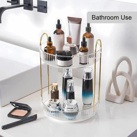 360 Degree Rotating Makeup Organizer and Storage for Vanity and Countertop High Capacity Cosmetic Skincare and Perfume Organizer with Two Tiers in Clear White Lazy Susan for Dresser displayed with makeup items