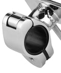 Close-up of stainless steel fishing rod rail mount clamp with locking mechanism for boats (32mm)