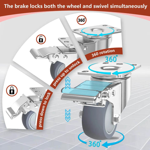 3 inch stainless steel caster wheels with brakes showing 360 rotation and locking mechanism for secure movement.