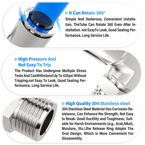 Sturdy Stainless Steel Pneumatic Male Elbow Push To Connect Fitting One Quarter Inch Tube Outer Diameter To One Quarter Inch NPT Thread 90 Degree Quick Connect Pack Of Two diagram showing rotation, pressure resistance, and material quality.
