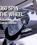Close-up of 360-degree rotating wheel with adjustable height mechanism on a metal frame.