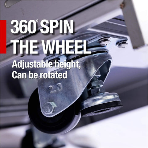 Close-up of 360-degree rotating wheel with adjustable height mechanism on a metal frame.