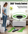 Woman using a mop with 360° swivel, demonstrating easy furniture movement and efficient cleaning in a living room.