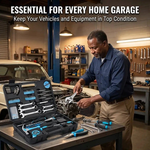 148 Piece General Household Hand Tool Kit With Portable Toolbox For Home, Office And Workshop Repairs, displayed in garage