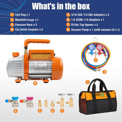 Powerful 3.6CFM 1/4HP AC Vacuum Pump Kit With Gauge Set and accessories for auto air conditioning systems, BACOENG bag included