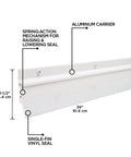 Side view of 36 in. White Aluminum and Vinyl Flex-O-Matic Screw-on Door Sweep with measurements and spring-action mechanism.
