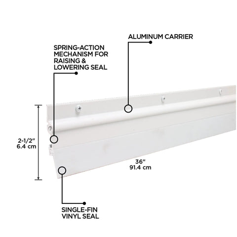 Side view of 36 in. White Aluminum and Vinyl Flex-O-Matic Screw-on Door Sweep with measurements and spring-action mechanism.