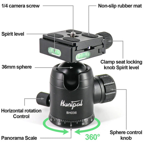 All Metal 36mm Tripod Ball Head for Rifle Rests and Shooting Sticks, supports up to 33 pounds, CNC machined with 360 degree panorama.