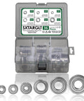 36pcs Deep Groove Ball Bearings Kit with 698ZZ 608ZZ 628ZZ 6903ZZ 6003ZZ 6203ZZ, displayed in a transparent case with labeled compartments.