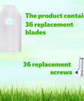 Lyreh 36pcs Replacement Blades for Segway Navimow with screws, featuring stainless steel blade and screw against green background