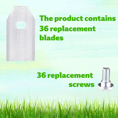 Lyreh 36pcs Replacement Blades for Segway Navimow with screws, featuring stainless steel blade and screw against green background