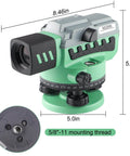 Professional automatic optical level with 36x magnification and 36mm aperture, shown with dimensions and mounting thread detail.