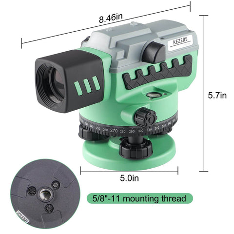 Professional automatic optical level with 36x magnification and 36mm aperture, shown with dimensions and mounting thread detail.