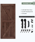 36x80 Inch Sliding Barn Wood Door Slab With 6.6ft Hardware Kit And Handle In Coffee Finish, K Shape Design with components