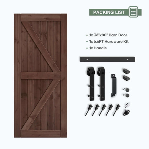 36x80 Inch Sliding Barn Wood Door Slab With 6.6ft Hardware Kit And Handle In Coffee Finish, K Shape Design with components