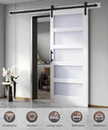 36in x 84in Glass Sliding MDF Barn Door with 6.6FT Sliding Door Hardware Kit, 5 Tempered Frosted Glass, shown installed in living room
