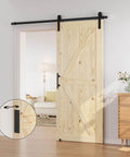36 in x 84 in Sliding Barn Door with 6.6 ft hardware kit included, unfinished solid spruce wood door installed in a living room