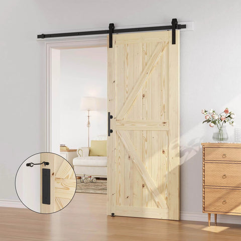 36 in x 84 in Sliding Barn Door with 6.6 ft hardware kit included, unfinished solid spruce wood door installed in a living room