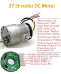37 Encoder DC Motor specifications including rated voltage, torque, and connection details for robotics projects.