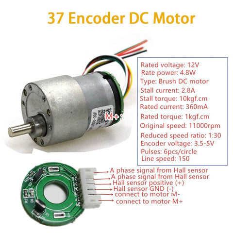 37 Encoder DC Motor specifications including rated voltage, torque, and connection details for robotics projects.