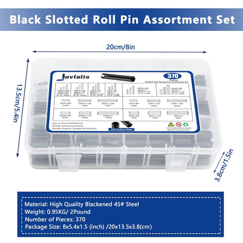 370 Piece Roll Pin Assortment Set For SAE Slotted Spring Pins, Heavy Duty Steel Hollow Dowel Pins labeled kit in plastic case
