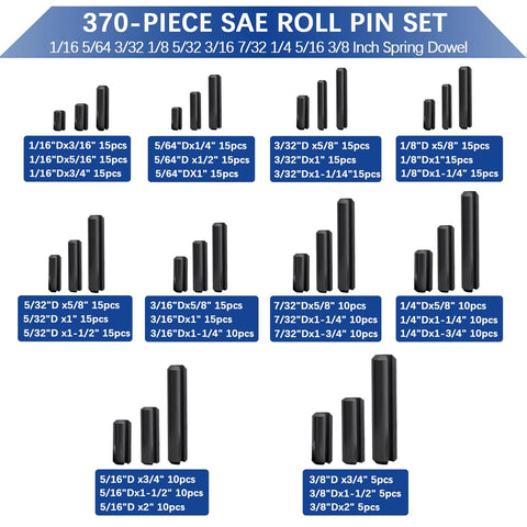 370 Piece Roll Pin Assortment Set For SAE Slotted Spring Pins, various sizes displayed in black oxide finish, organized rows.