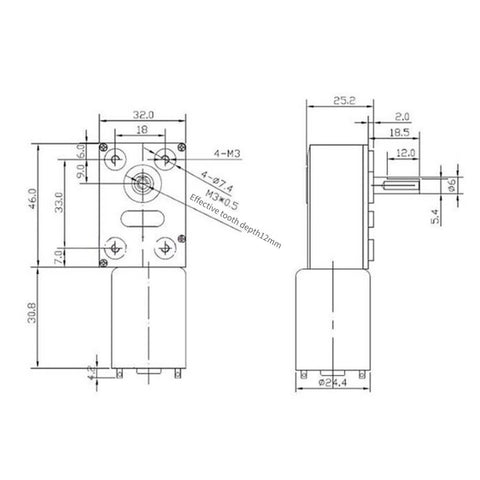Technical diagram of 370WG DC Worm Gear Motor 6V DC 30RPM Self-Locking Reversible Reducer Electric Motor with measurements.