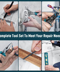 Collage of 379-Piece Home Tool Kit With Portable Drawer Case For Household And Auto Repairs showing various tools in use.