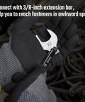 Gloved hands holding a crowfoot wrench with extension bar, showing Three Eighths Inch Drive Crowfoot Wrench Set With Two Extension Bars SAE and Metric.