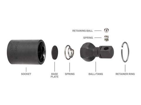 Exploded view of 3/8 Inch Drive Impact Universal Joint | SIA12102 parts, including socket, base plate, spring, ball/tang, retaining ball, retainer ring.