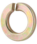 Close-up of 3/8 Inch Grade 8 Split Lock Washer, thru-hardened steel with yellow zinc finish.