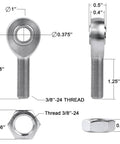3/8 inch Heim Joint Rod End Kit schematic with dimensions, showing chromoly panhard rod ends, right-left hand threads, tube adapters, jam nuts