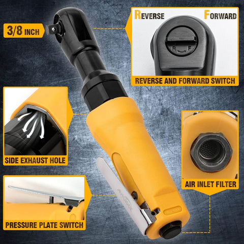 Detailed view of 3/8-Inch Air Ratchet Wrench, showing reverse/forward switch, side exhaust, pressure plate, and air inlet filter.