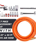 Three Eighth Inch PVC Air Hose Kit 25 Foot With Seventeen Piece Accessory Set Featuring Solid Brass Ends And Dual One Quarter MNPT Connectors For DIY Home Shop Use Providing Flexible Durable Air Supply For Compressors And Tools